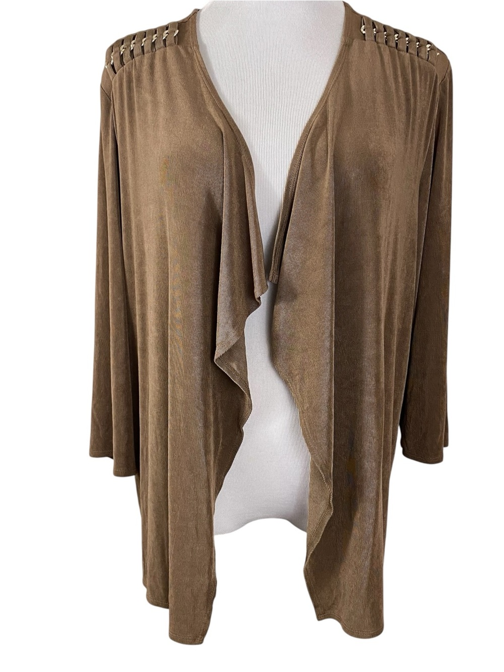 CHICOS TRAVELERS Open Front Cardigan Size 3 (XL) Brown Slinky Knit 3/4 Sleeve